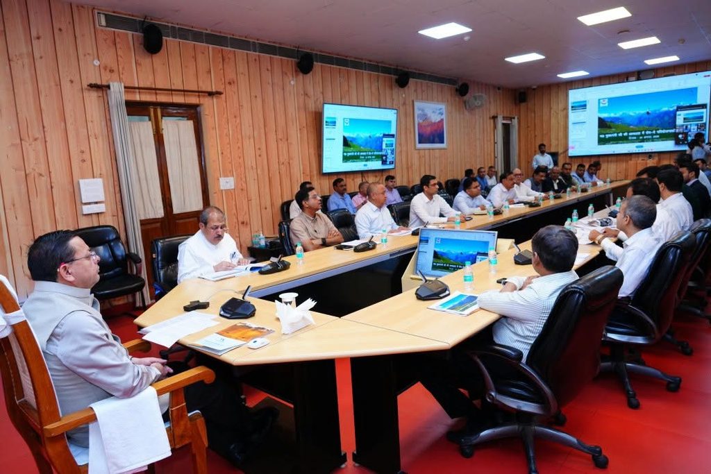 CM Pushkar Singh Dhami chairing ropeway projects review meeting at CM residence in Dehradun