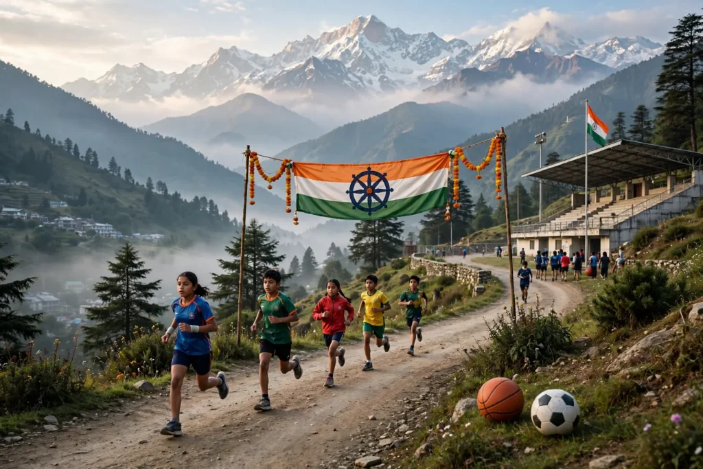 गोपेश्वर स्पोर्ट्स स्टेडियम में चमोली खेल प्रतियोगिता 2026 के तहत क्रॉस कंट्री दौड़ में दौड़ते स्कूली छात्र छात्राएं