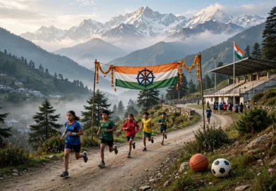 गोपेश्वर स्पोर्ट्स स्टेडियम में चमोली खेल प्रतियोगिता 2026 के तहत क्रॉस कंट्री दौड़ में दौड़ते स्कूली छात्र छात्राएं