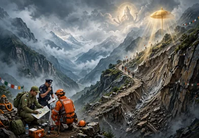 नंदा देवी राजजात यात्रा की चुनौतियों को दर्शाता कॉन्सेप्ट आर्ट - खतरनाक भूस्खलन प्रभावित हिमालयी पगडंडी पर वन विभाग, पुलिस और SDRF की टीम रेकी करते हुए, आकाश में धुंध के बीच माँ नंदा देवी की दिव्य छवि और सुनहरी छंतोली (इमेज : प्रतीकात्मक, AI