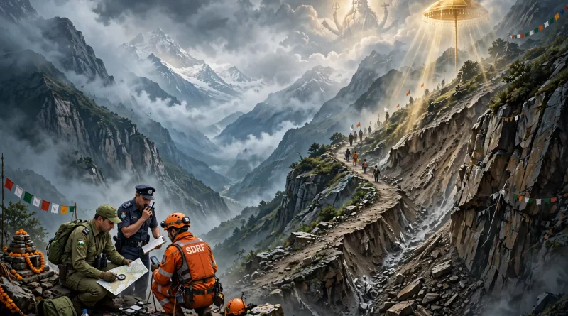 नंदा देवी राजजात यात्रा की चुनौतियों को दर्शाता कॉन्सेप्ट आर्ट - खतरनाक भूस्खलन प्रभावित हिमालयी पगडंडी पर वन विभाग, पुलिस और SDRF की टीम रेकी करते हुए, आकाश में धुंध के बीच माँ नंदा देवी की दिव्य छवि और सुनहरी छंतोली (इमेज : प्रतीकात्मक, AI