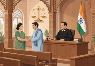 लोक अदालत में सुलह समझौते का प्रतीकात्मक दृश्य, जज के सामने दो पक्ष हाथ मिलाते हुए - AI Generated Image