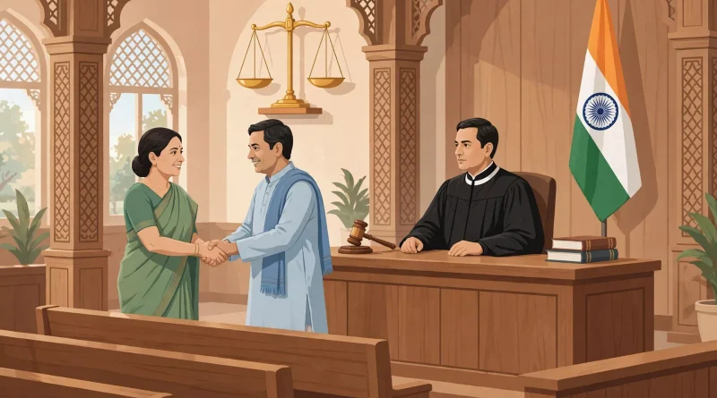 लोक अदालत में सुलह समझौते का प्रतीकात्मक दृश्य, जज के सामने दो पक्ष हाथ मिलाते हुए - AI Generated Image