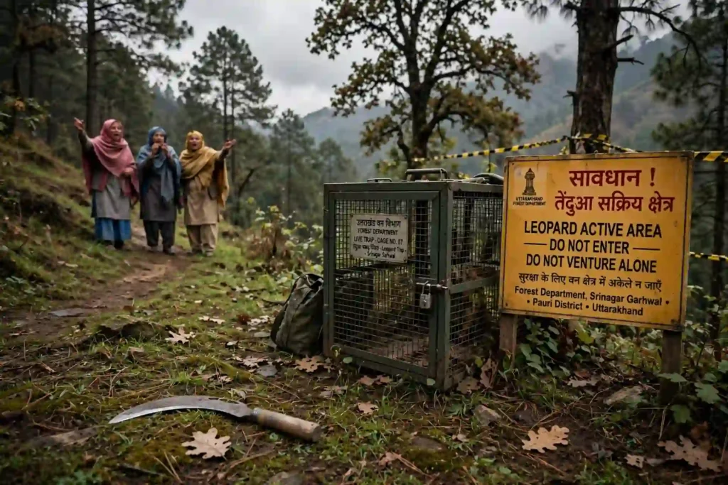 प्रतीकात्मक तस्वीर - श्रीनगर के खंडाह जंगल में दर्दनाक मौत के बाद वन विभाग का लगाया पिंजरा, जमीन पर पड़ी दरांती और सावधान तेंदुआ सक्रिय क्षेत्र का बोर्ड