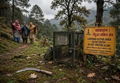 प्रतीकात्मक तस्वीर - श्रीनगर के खंडाह जंगल में दर्दनाक मौत के बाद वन विभाग का लगाया पिंजरा, जमीन पर पड़ी दरांती और सावधान तेंदुआ सक्रिय क्षेत्र का बोर्ड