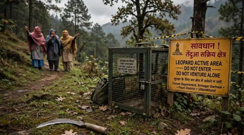 प्रतीकात्मक तस्वीर - श्रीनगर के खंडाह जंगल में दर्दनाक मौत के बाद वन विभाग का लगाया पिंजरा, जमीन पर पड़ी दरांती और सावधान तेंदुआ सक्रिय क्षेत्र का बोर्ड