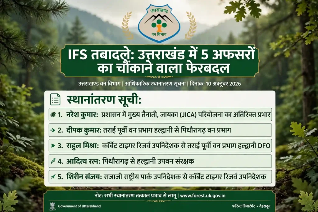 IFS तबादले उत्तराखंड वन विभाग 5 अफसरों की ट्रांसफर लिस्ट